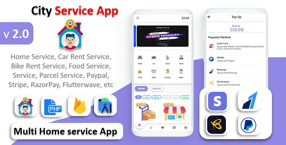 City Service App v2.0 | Service At Home | Multi Payment Gateways Integrated | Multi Login